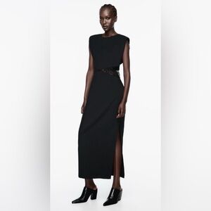 Zara Mixed Cut Out W Lace Details Maxi Dress Padded Shoulder Side Leg Split XS